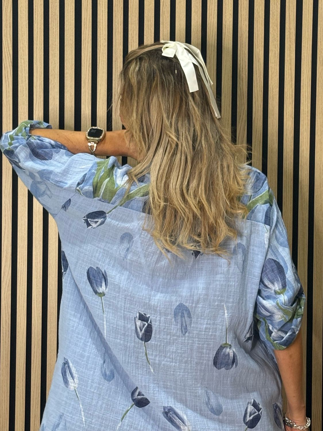 Tulip Print Shirt  Dress - Sky Blue