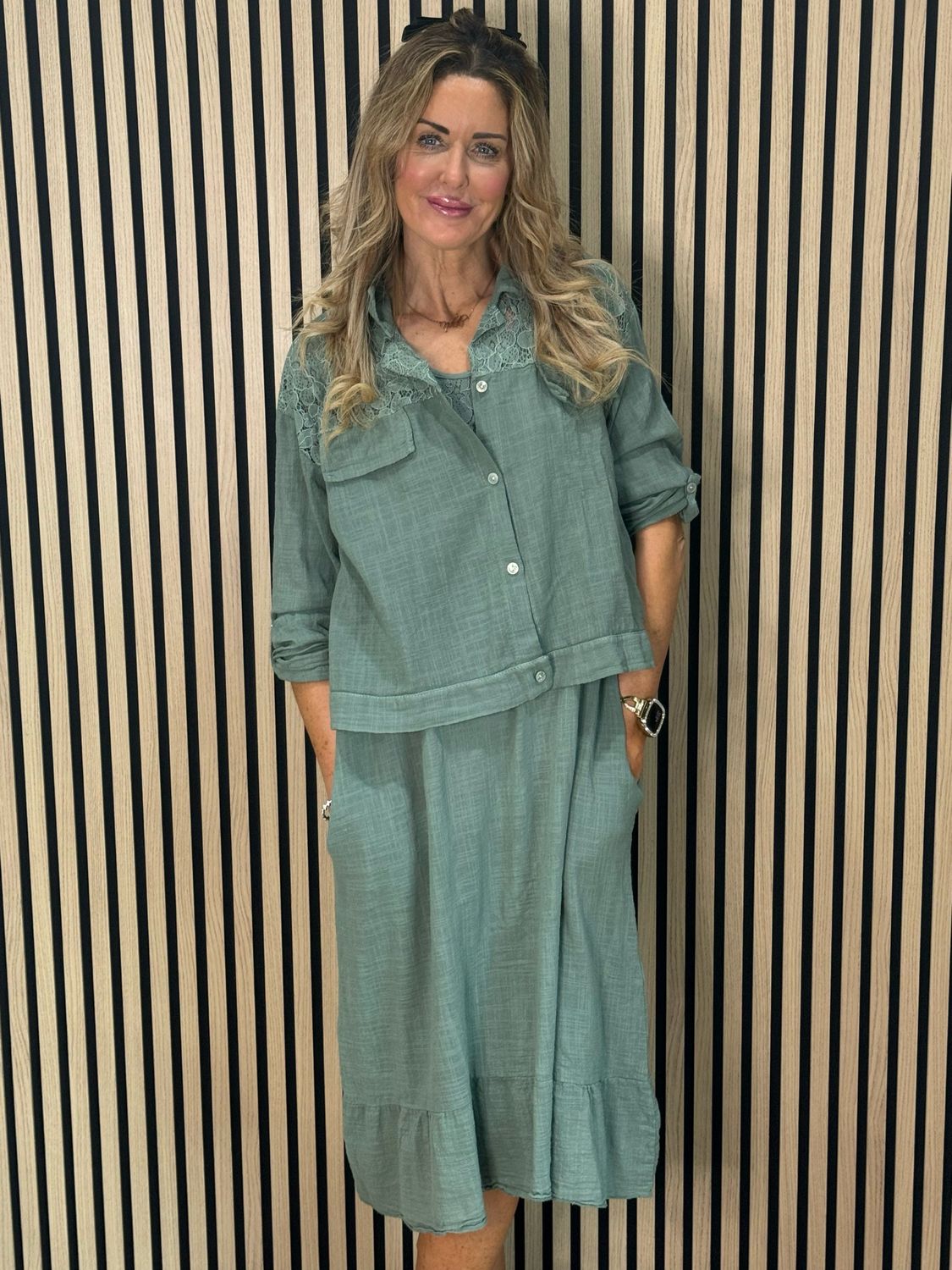 Lace Detail Co-Ord Dress Set - Khaki