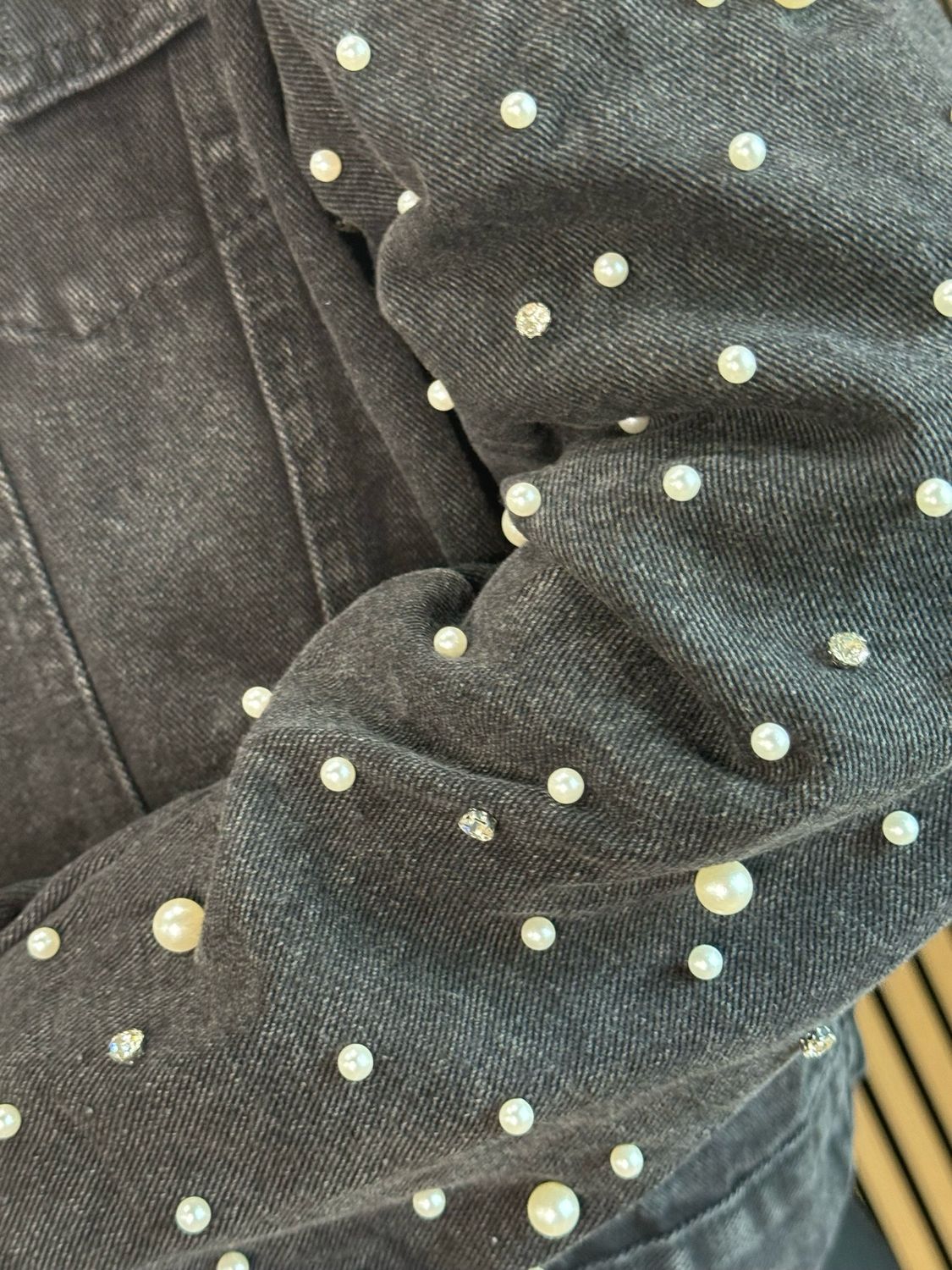 Pearl Detail Denim Jacket - Black