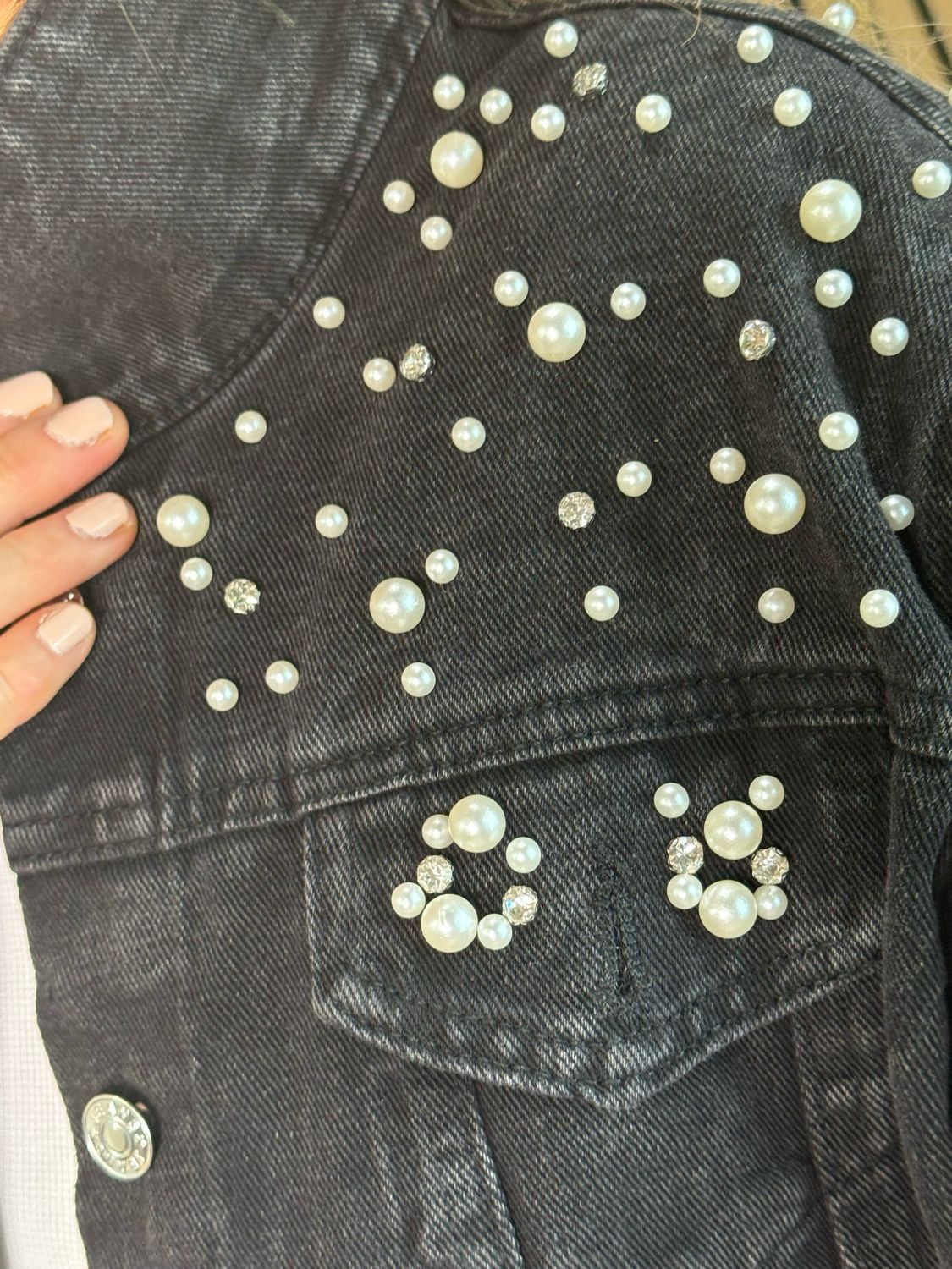 Pearl Detail Denim Jacket - Black