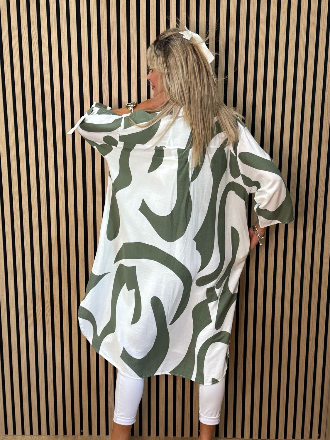 Abstract Print Shirt Dress - Khaki