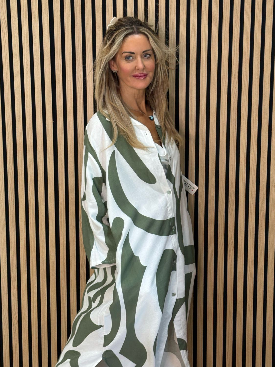 Abstract Print Shirt Dress - Khaki