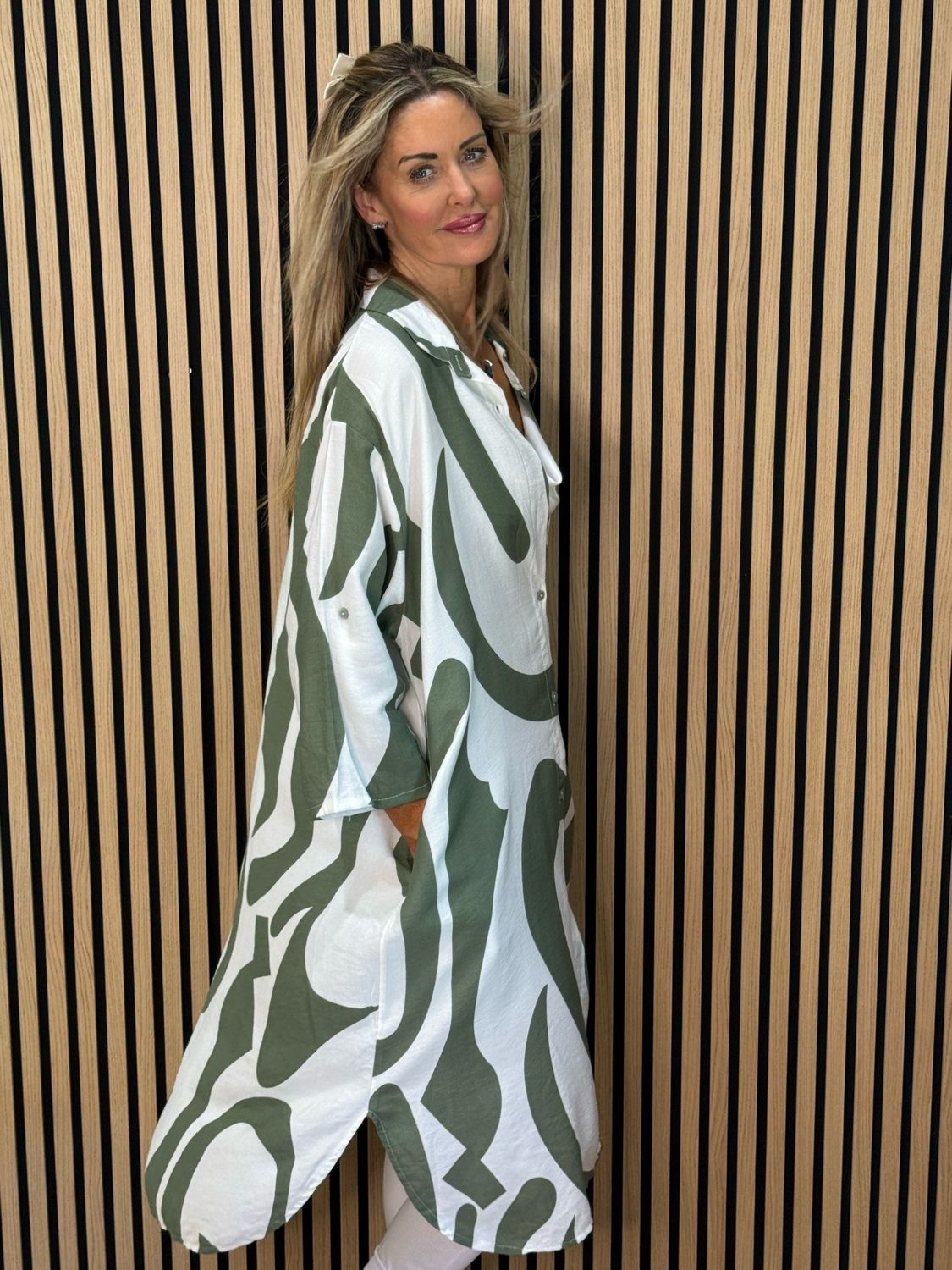 Abstract Print Shirt Dress - Khaki