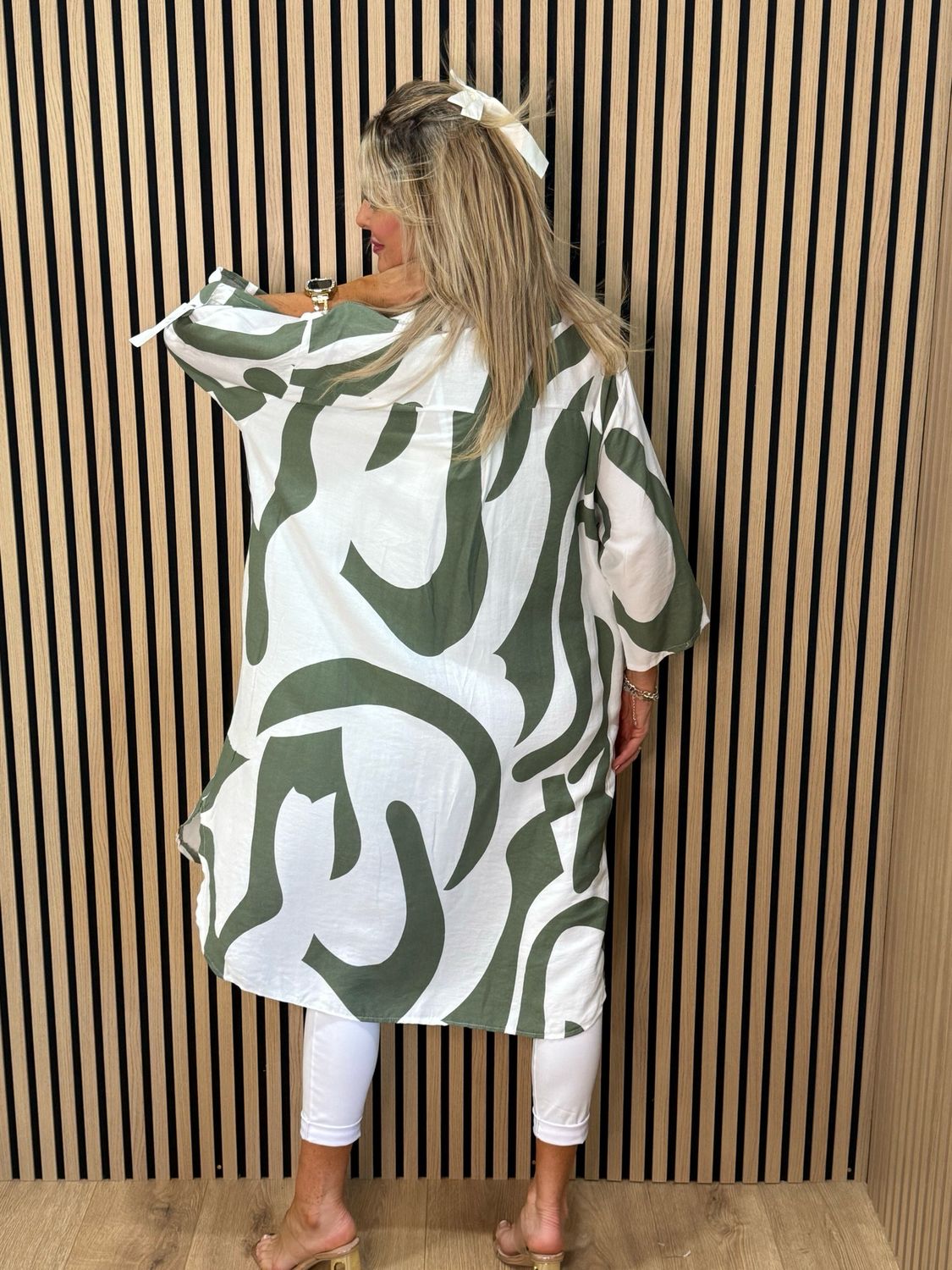 Abstract Print Shirt Dress - Khaki