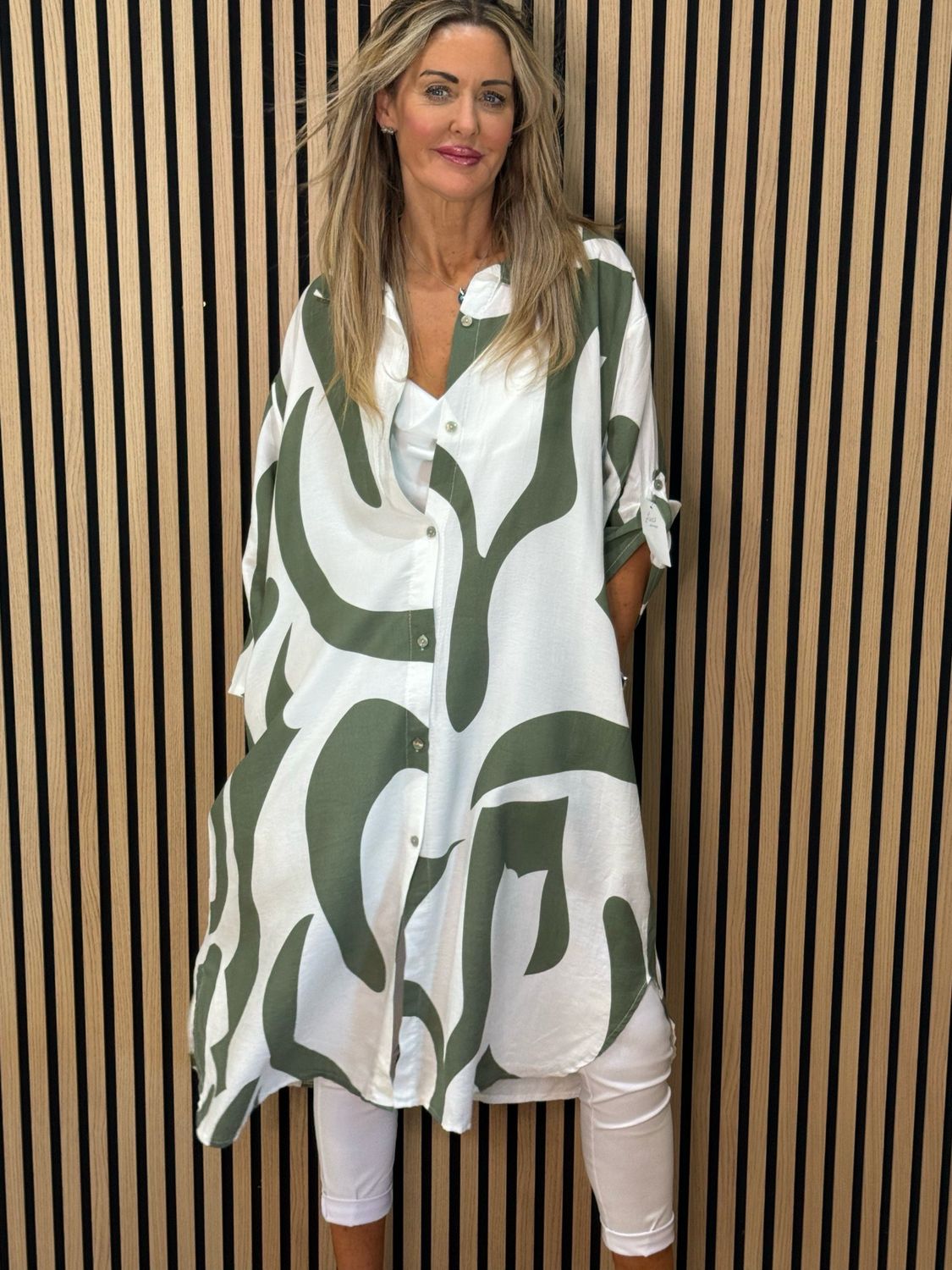 Abstract Print Shirt Dress - Khaki