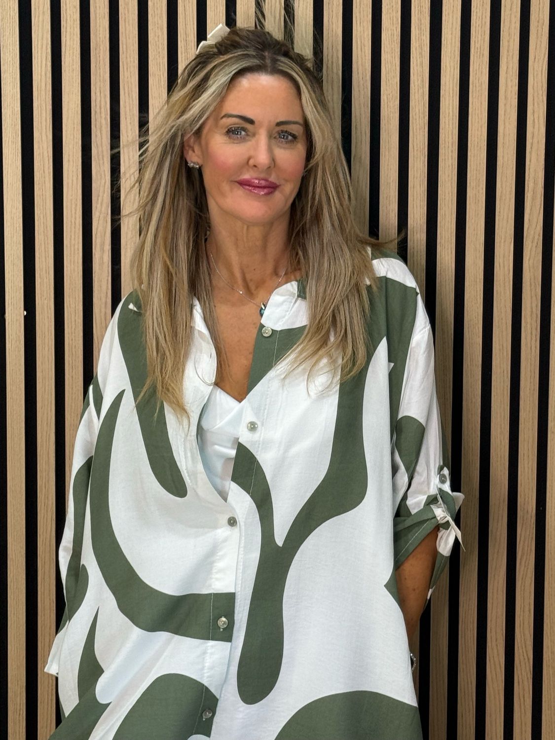 Abstract Print Shirt Dress - Khaki