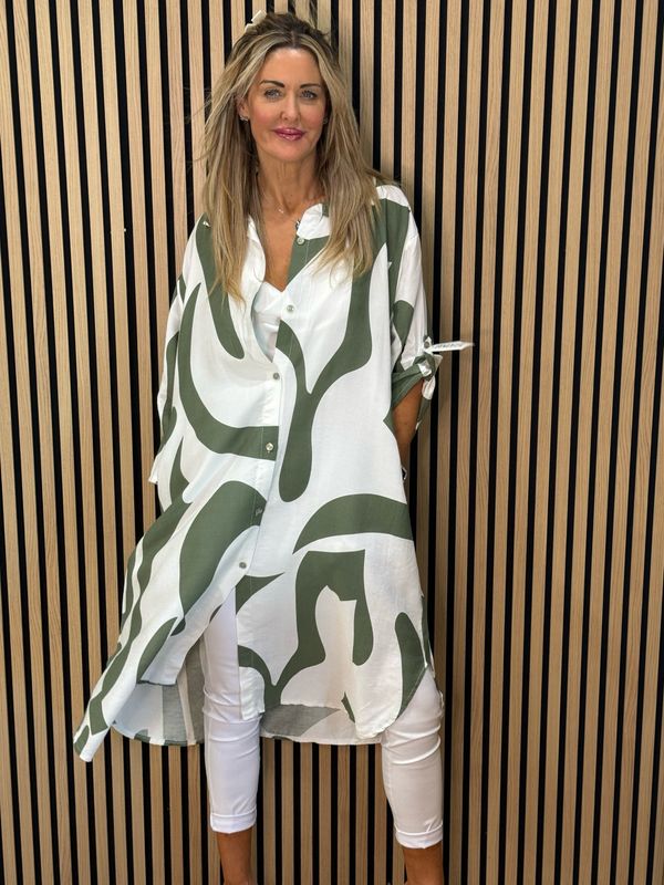 Abstract Print Shirt Dress - Khaki