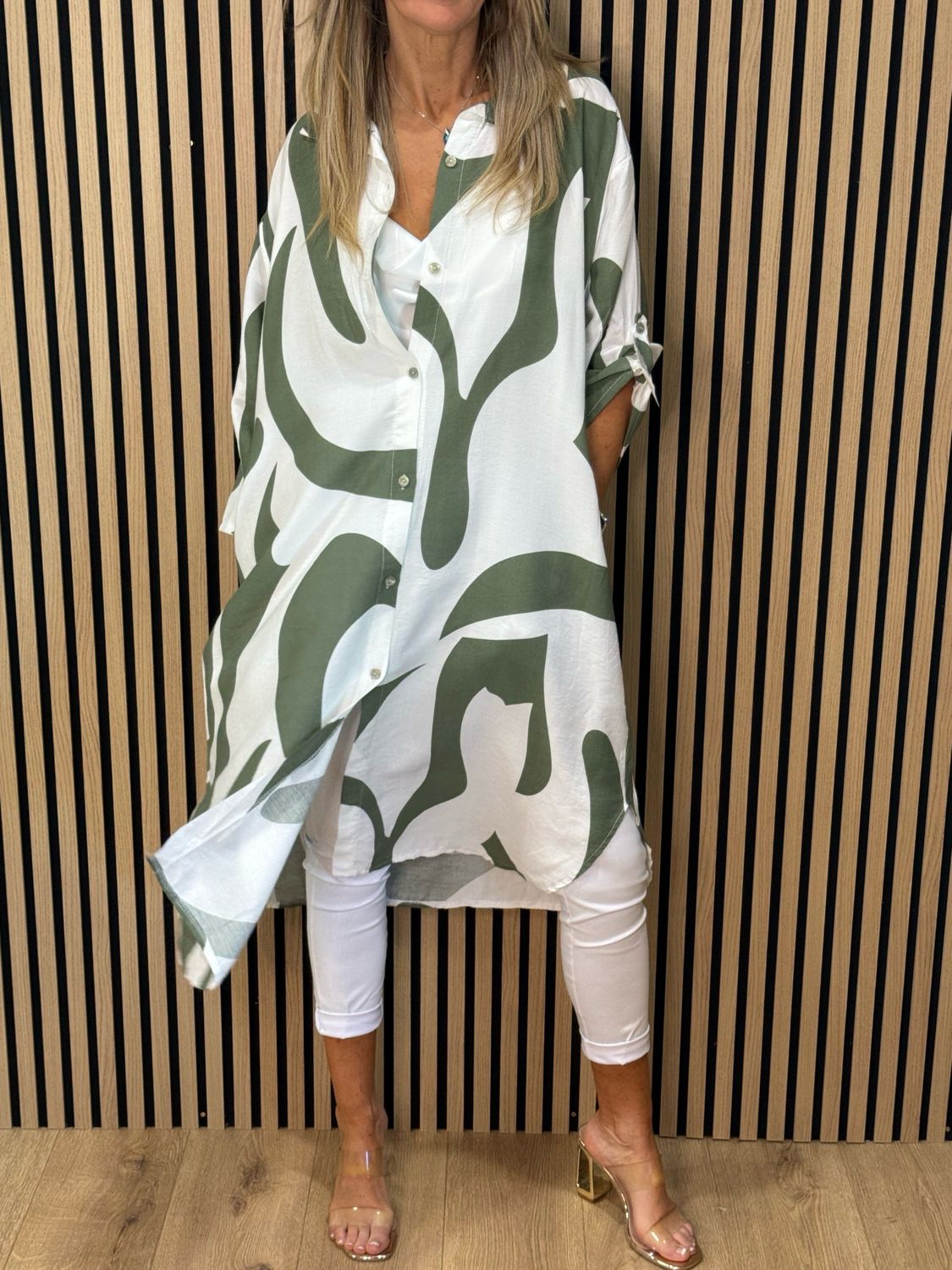 Abstract Print Shirt Dress - Khaki