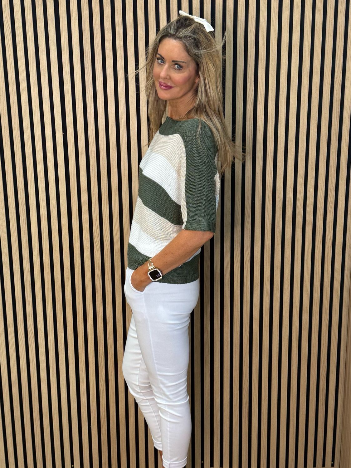 Striped Knit Jumper - Khaki/Cream/White