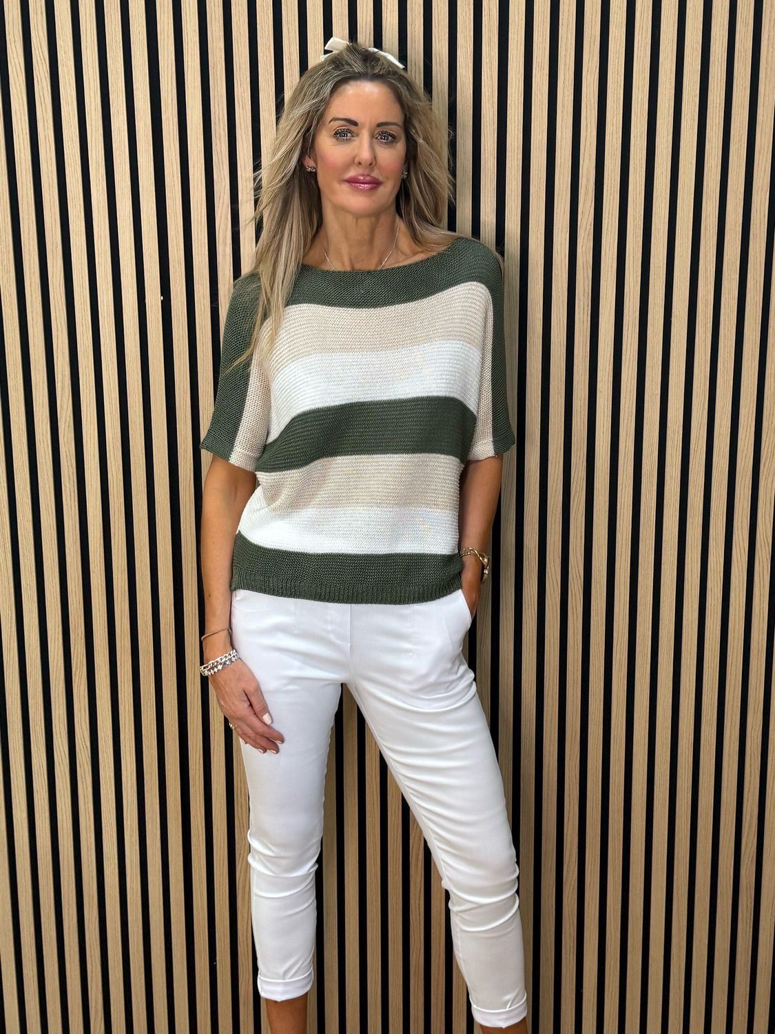 Striped Knit Jumper - Khaki/Cream/White