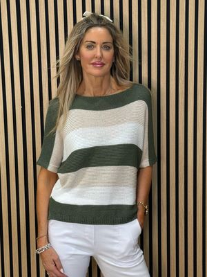 Striped Knit Jumper - Khaki/Cream/White