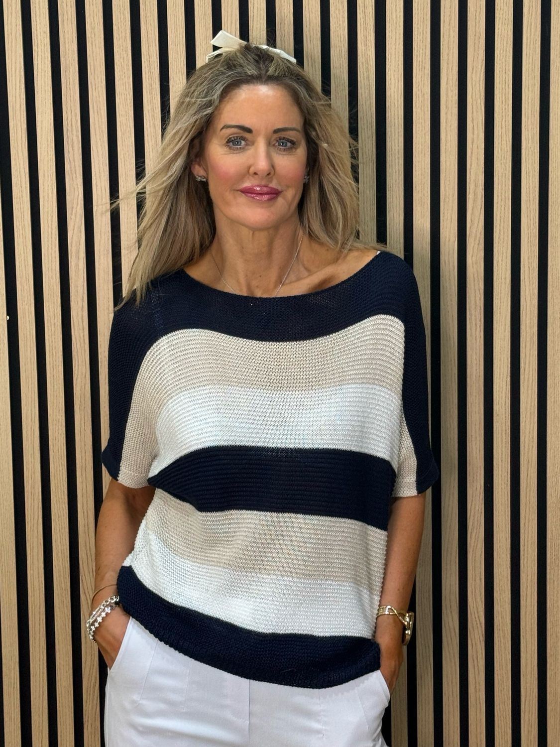 Striped Knit Jumper - Navy/Cream/White