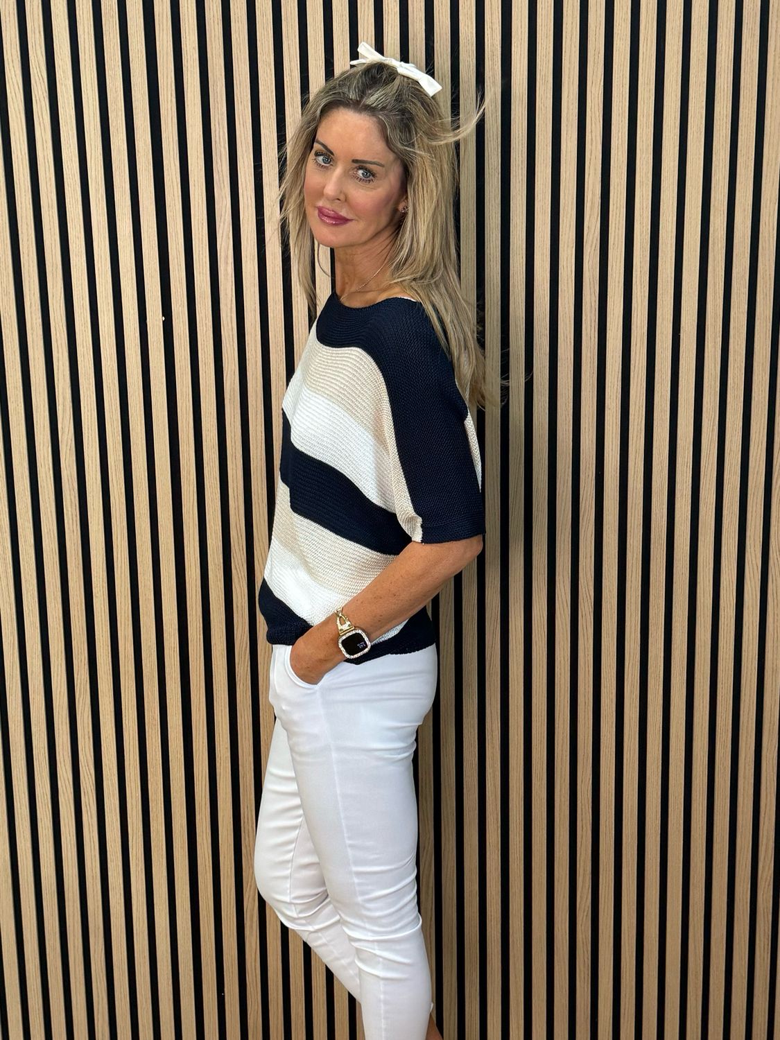 Striped Knit Jumper - Navy/Cream/White