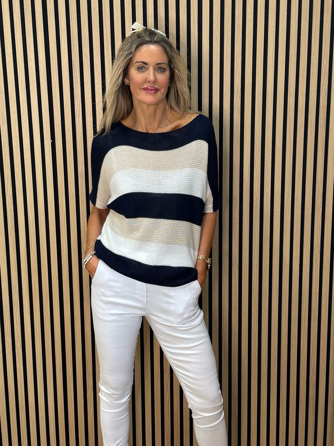 Striped Knit Jumper - Navy/Cream/White