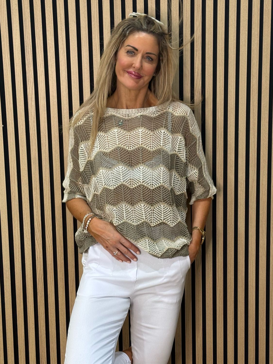 Chevron Knit Jumper - Taupe/Cream