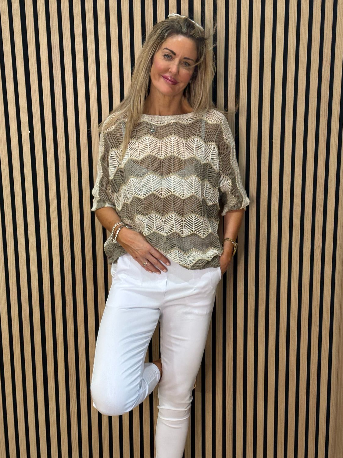 Chevron Knit Jumper - Taupe/Cream