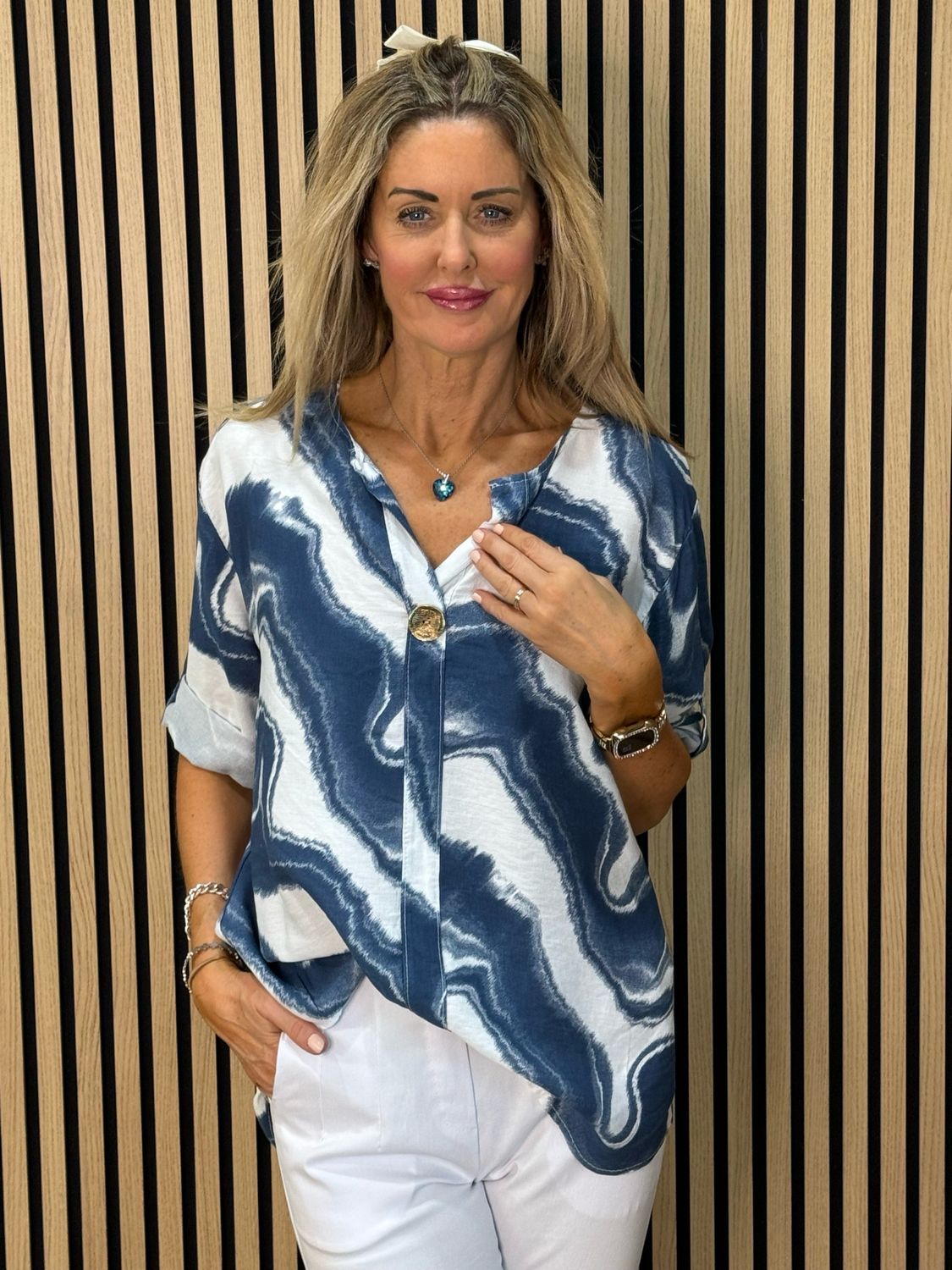 Abstract Print Button Detail Top - Blue/White