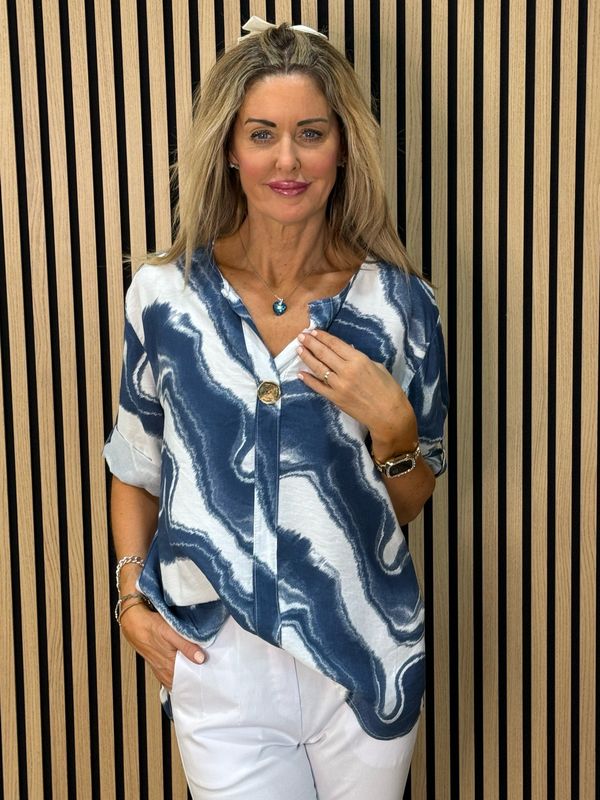 Abstract Print Button Detail Top - Blue/White