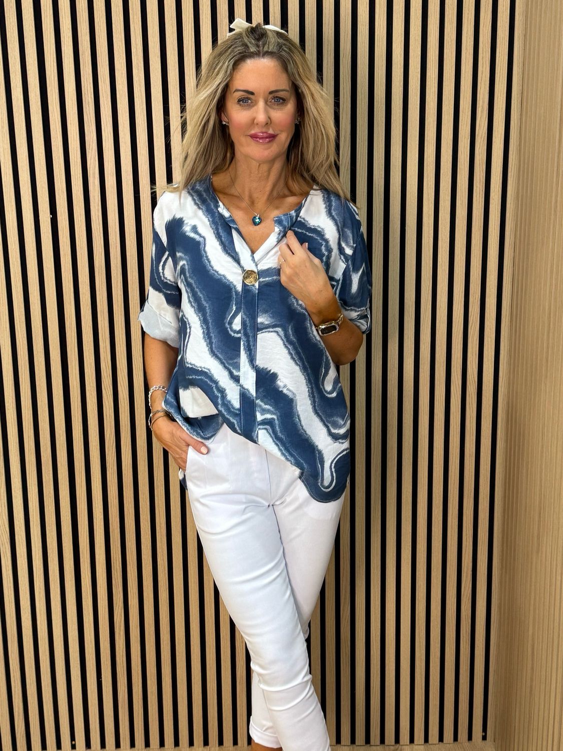 Abstract Print Button Detail Top - Blue/White