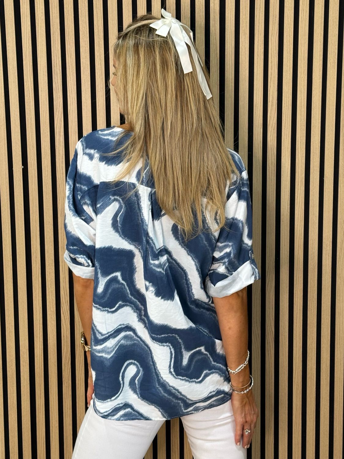Abstract Print Button Detail Top - Blue/White