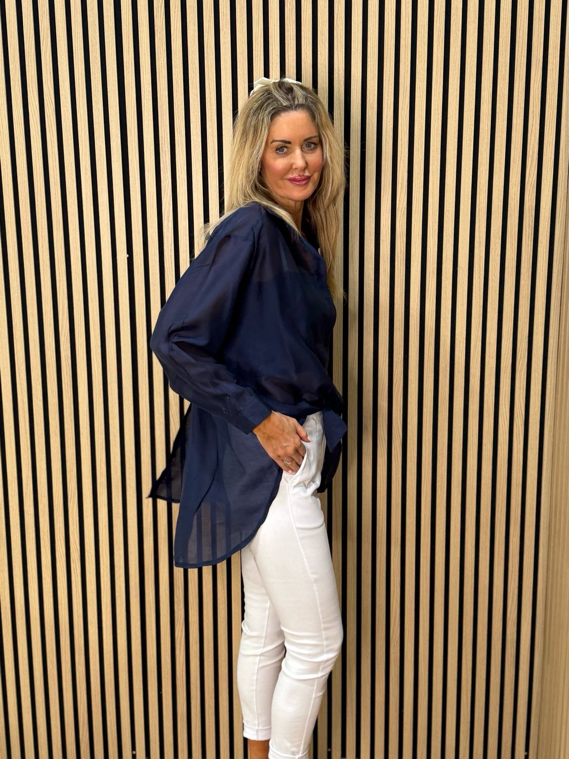 Sheer Tie-Back Shirt - Navy