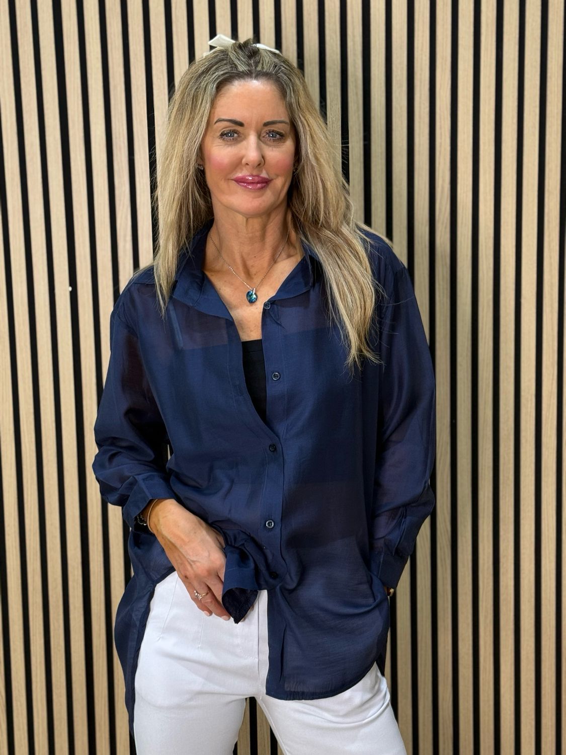 Sheer Tie-Back Shirt - Navy