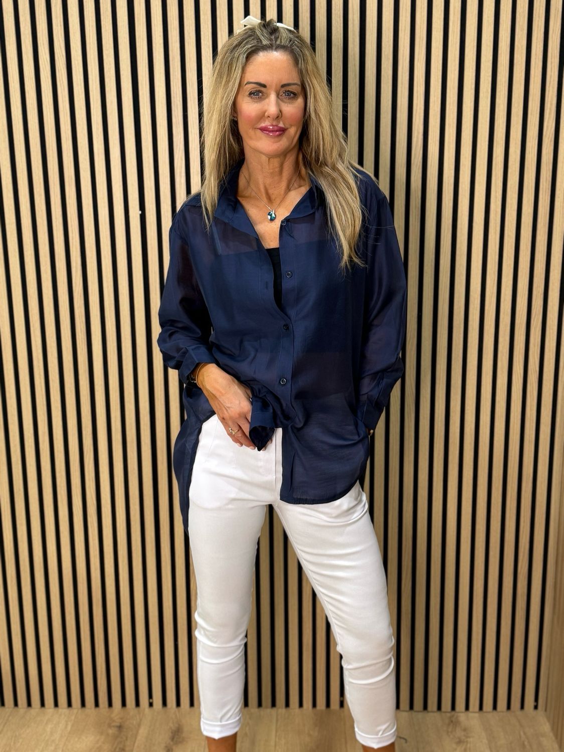 Sheer Tie-Back Shirt - Navy