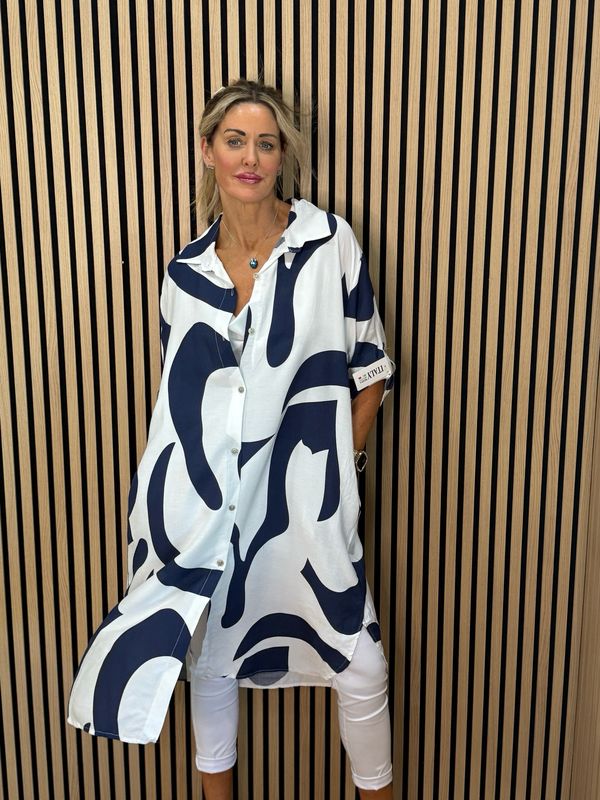 Abstract Print Shirt Dress - Navy