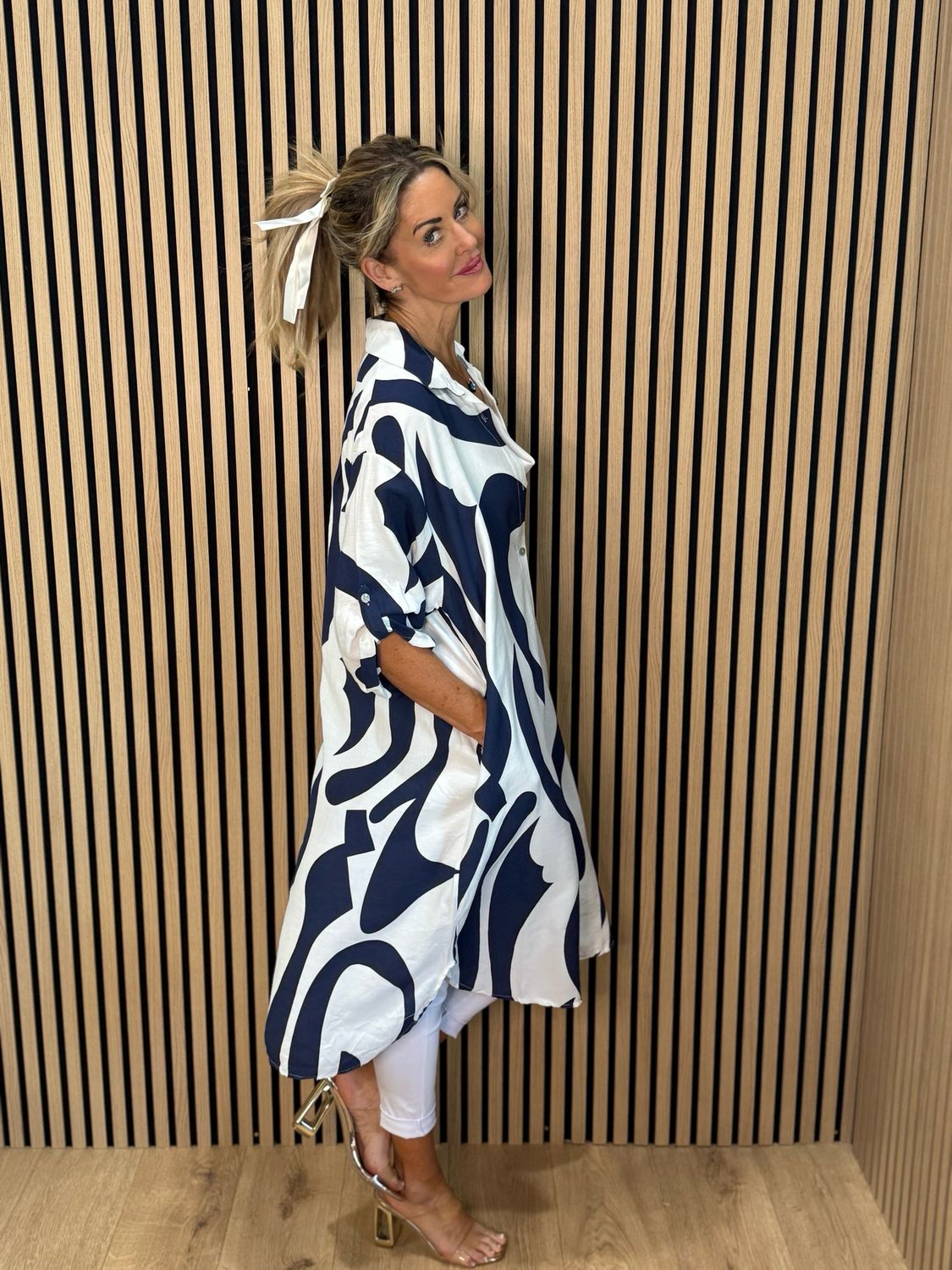 Abstract Print Shirt Dress - Navy