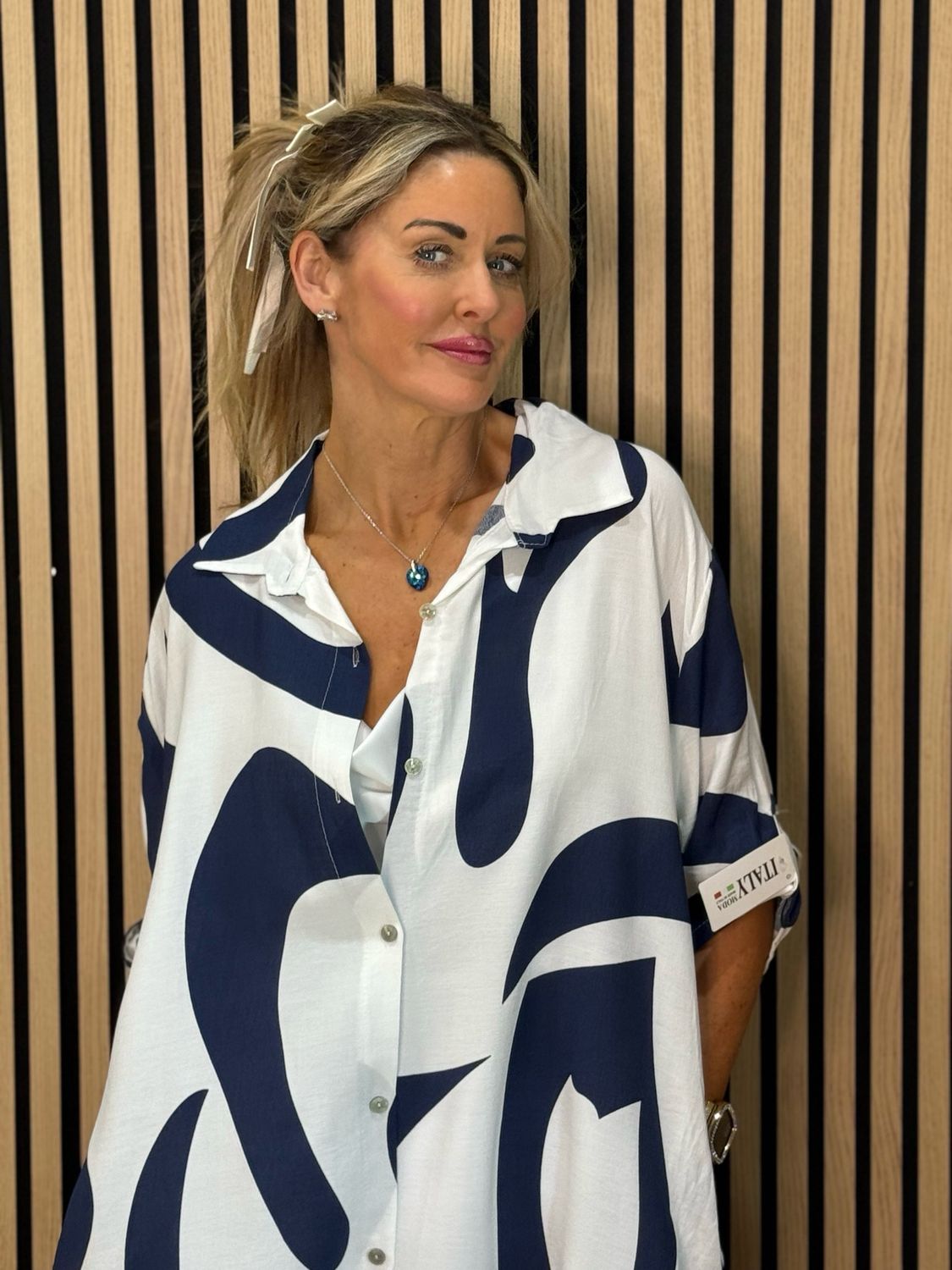 Abstract Print Shirt Dress - Navy