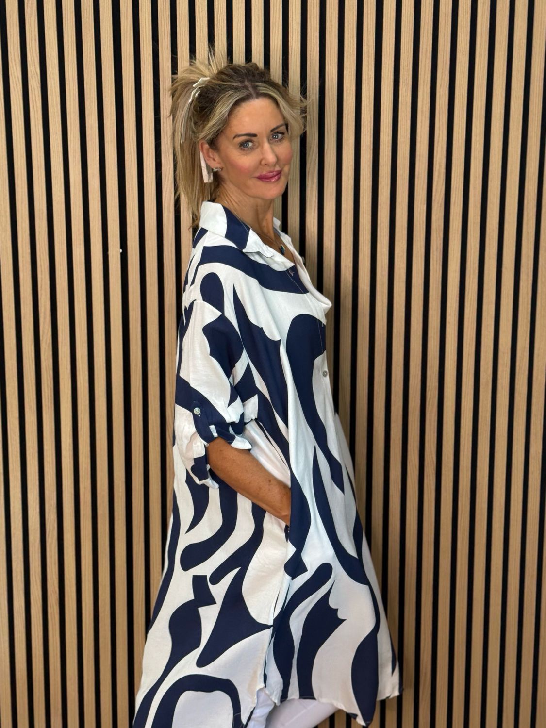 Abstract Print Shirt Dress - Navy