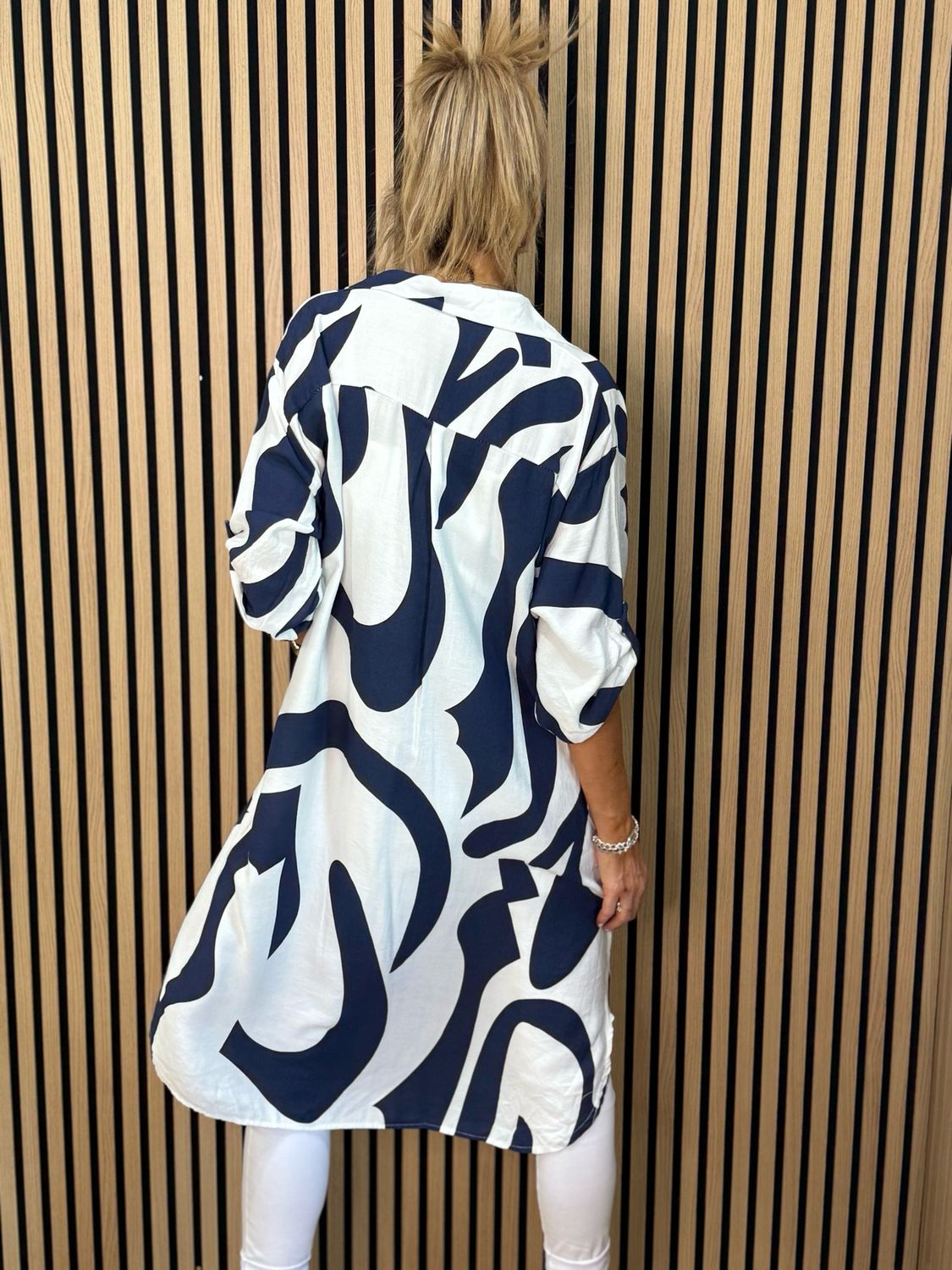 Abstract Print Shirt Dress - Navy