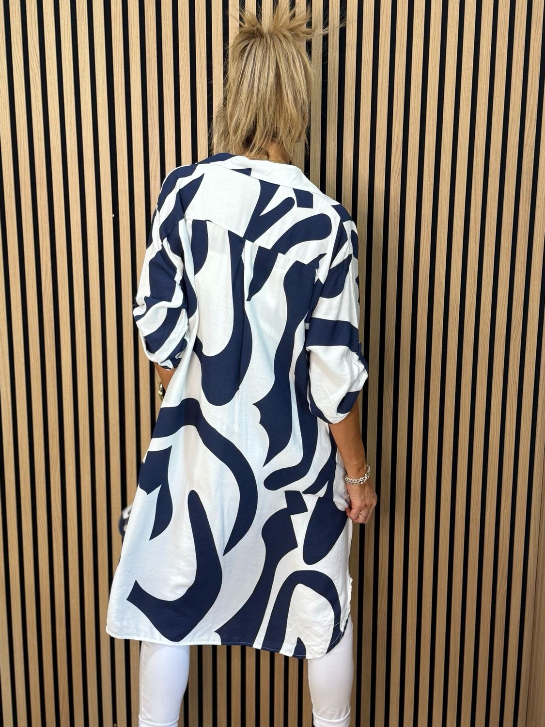 Abstract Print Shirt Dress - Navy