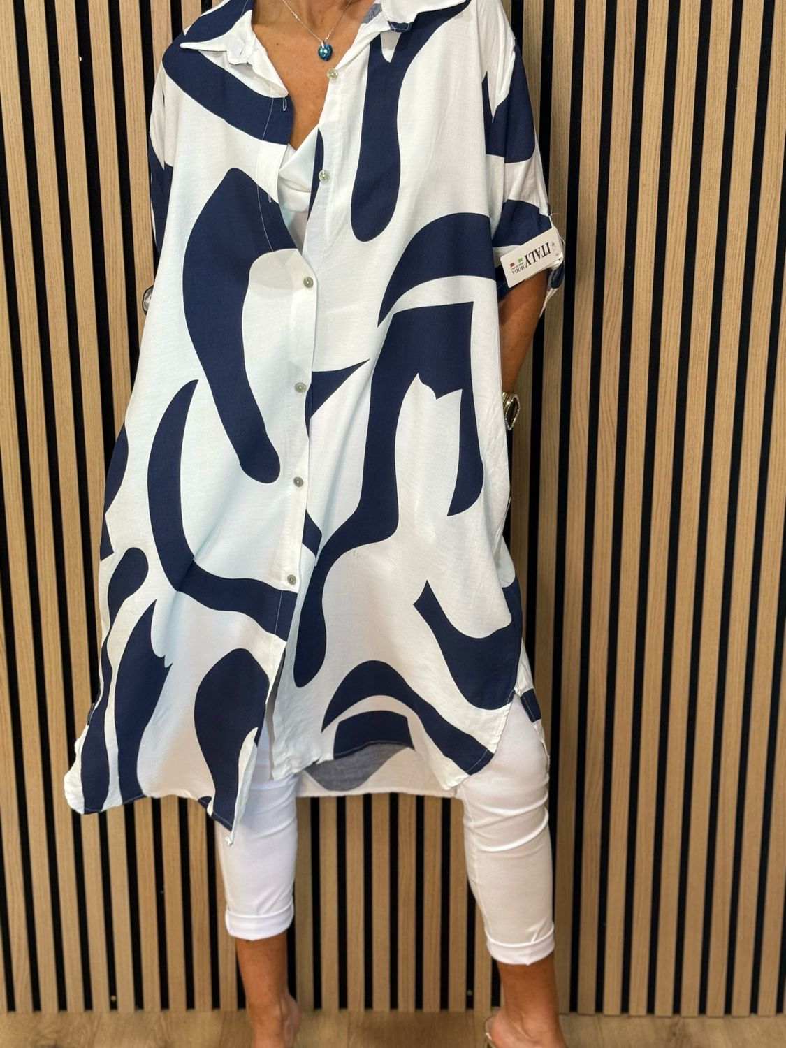 Abstract Print Shirt Dress - Navy