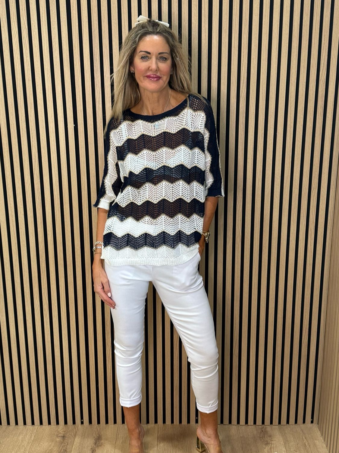 Chevron Knit Jumper - Navy/White