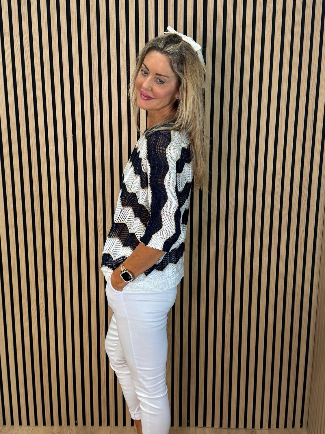 Chevron Knit Jumper - Navy/White