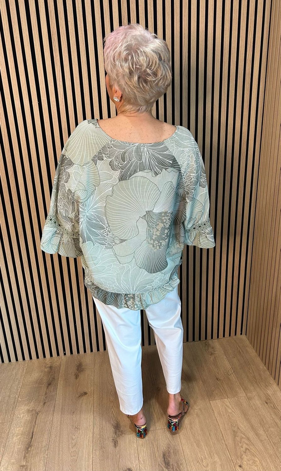 Floral Frill Sleeve Top - Khaki