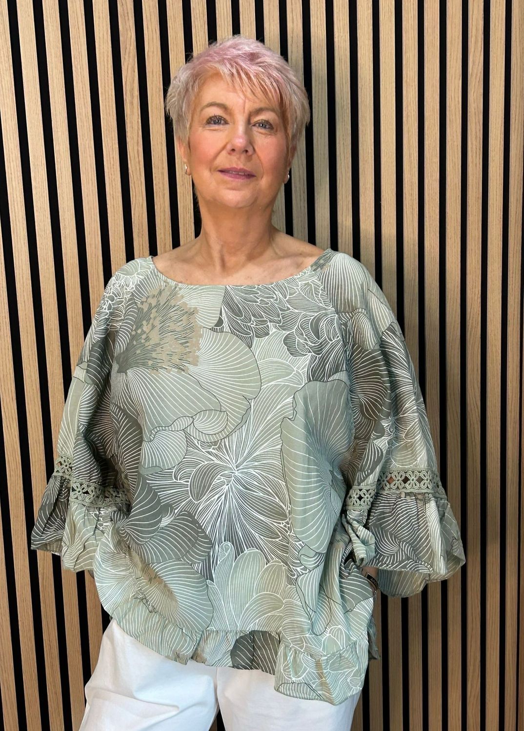 Floral Frill Sleeve Top - Khaki