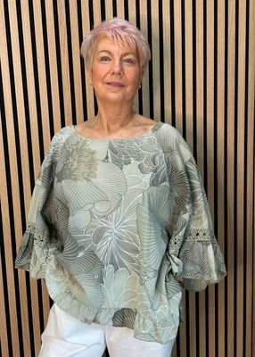 Floral Frill Sleeve Top - Khaki