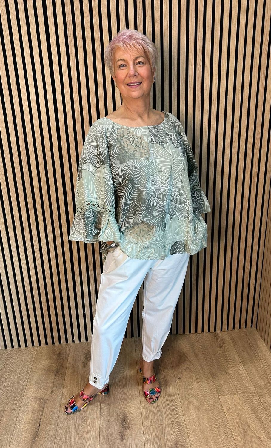 Floral Frill Sleeve Top - Khaki