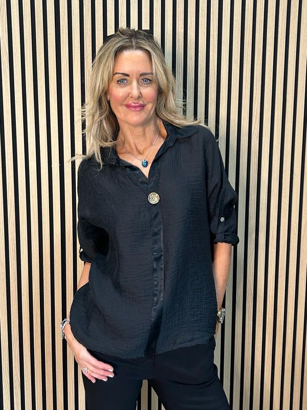 Lightweight Button Detail Shirt - Black