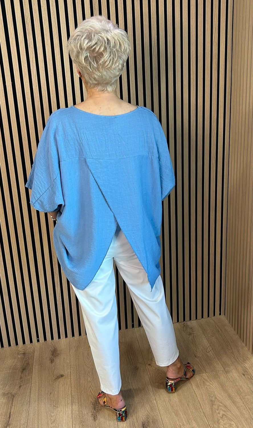 Floral Embroidered Oversized Top - Denim Blue