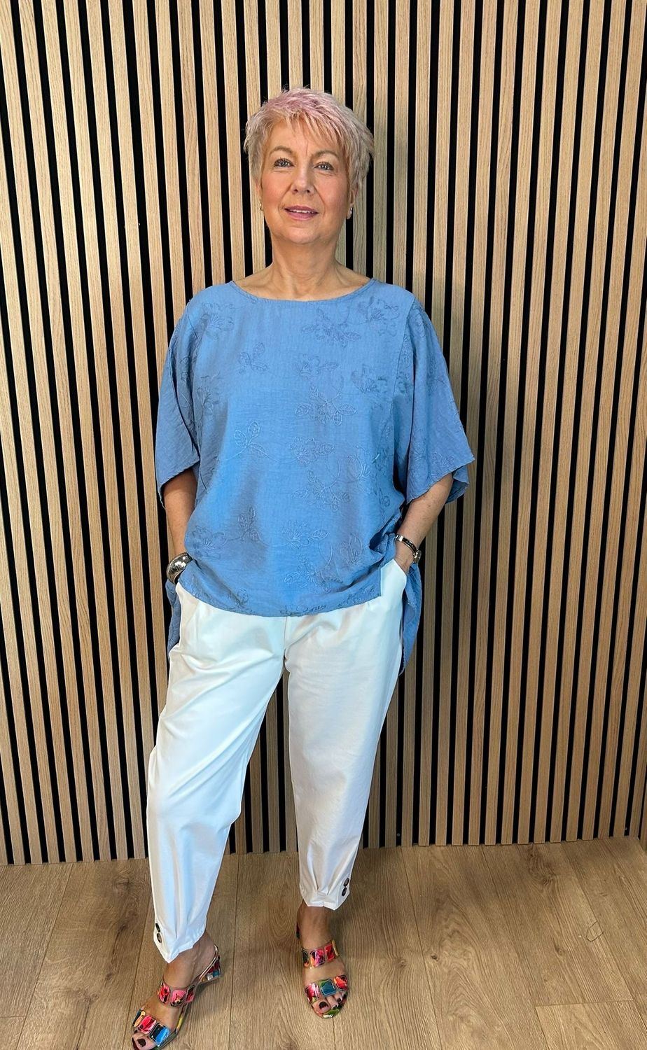 Floral Embroidered Oversized Top - Denim Blue