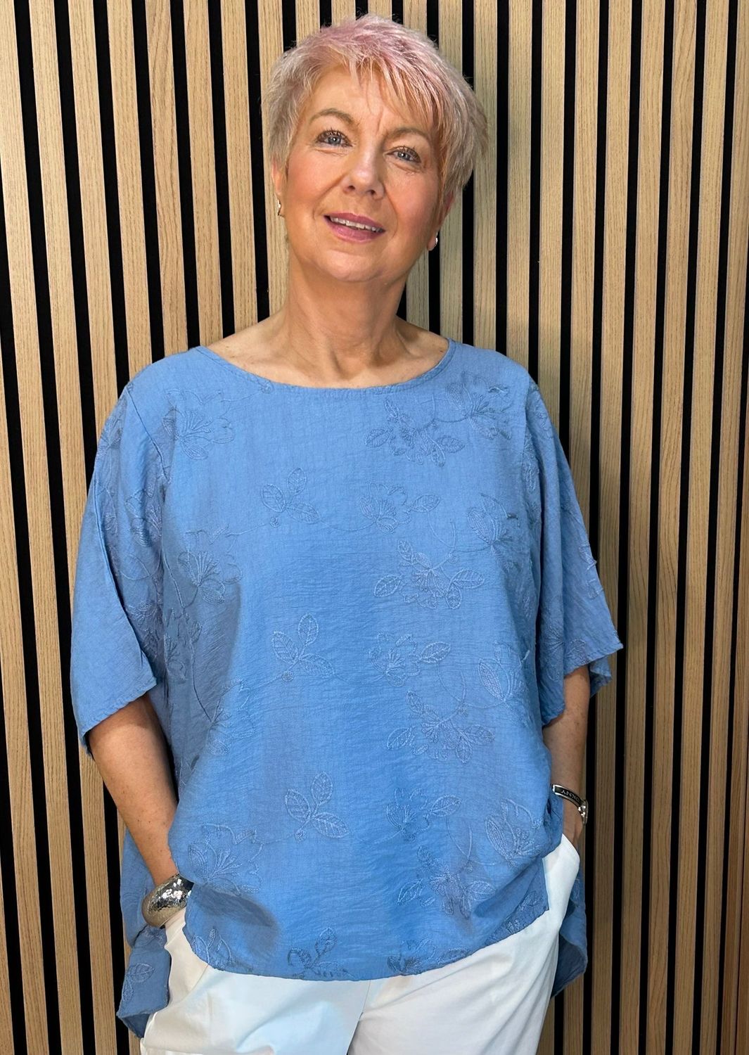 Floral Embroidered Oversized Top - Denim Blue