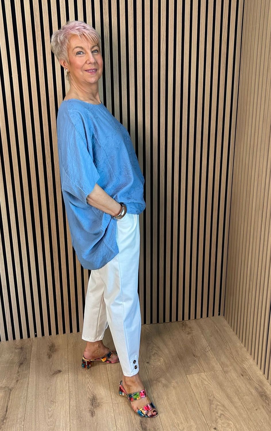 Floral Embroidered Oversized Top - Denim Blue