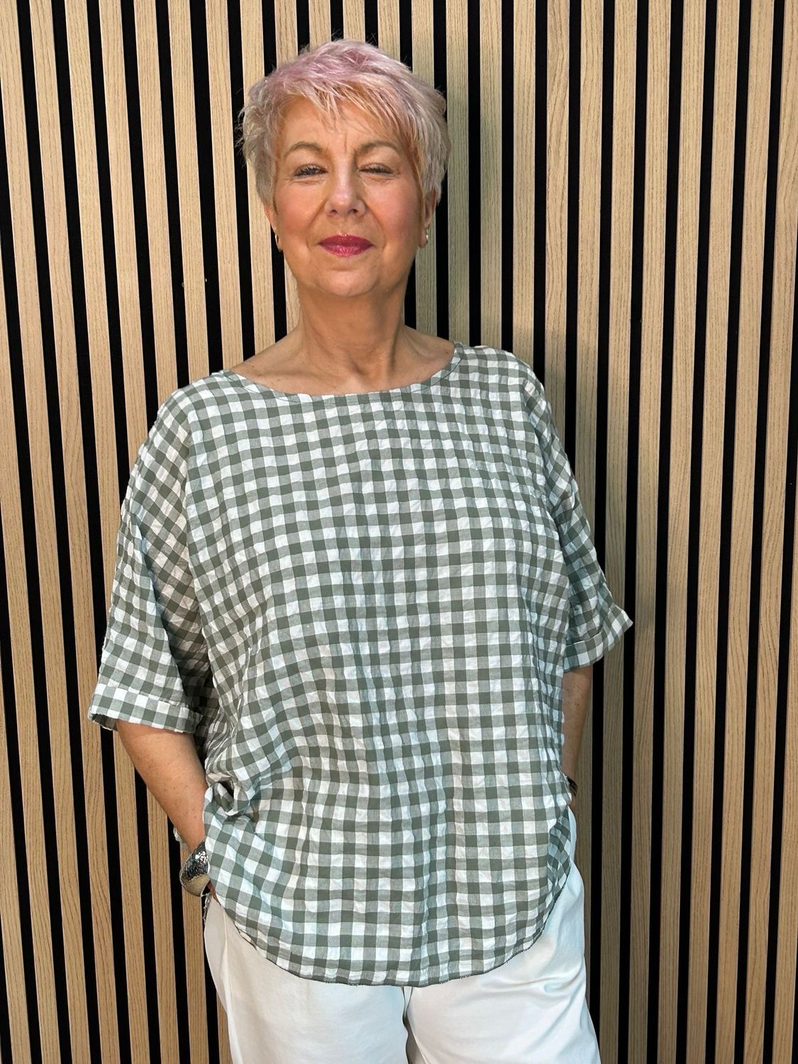 Gingham Textured Top - Khaki