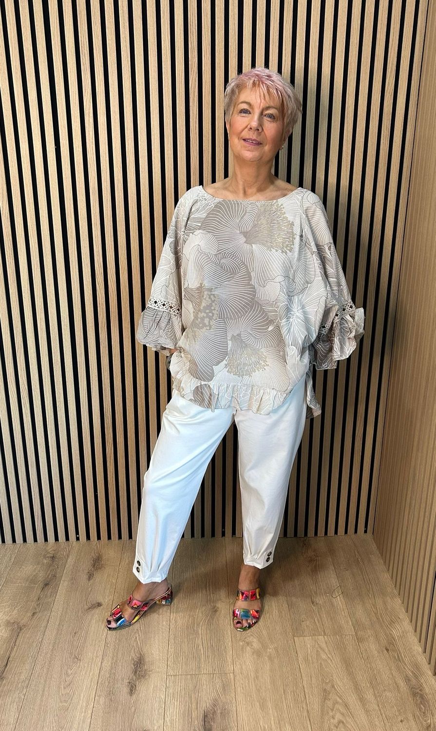 Floral Frill Sleeve Top - Taupe