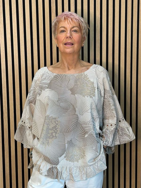 Floral Frill Sleeve Top - Taupe