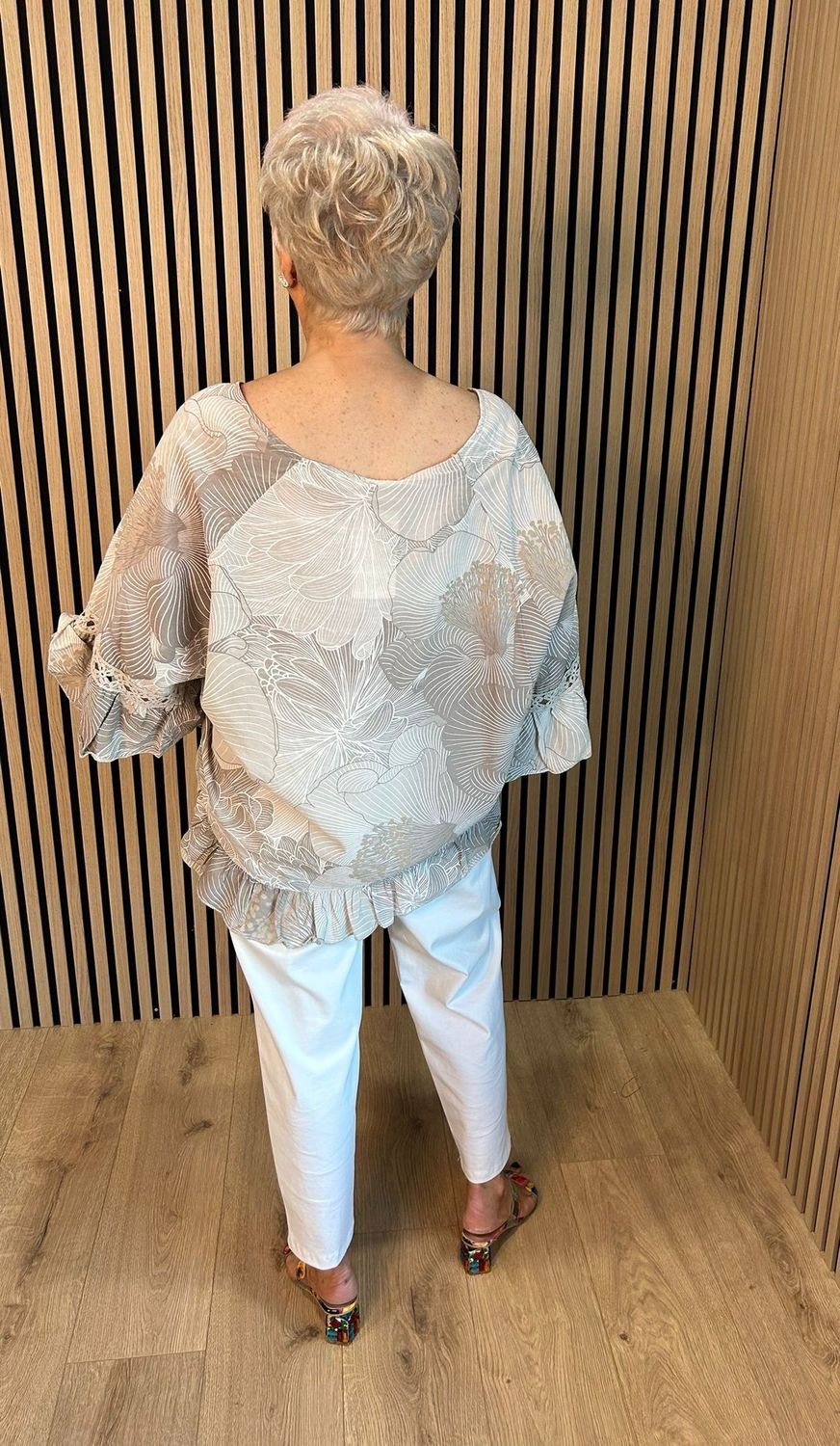 Floral Frill Sleeve Top - Taupe