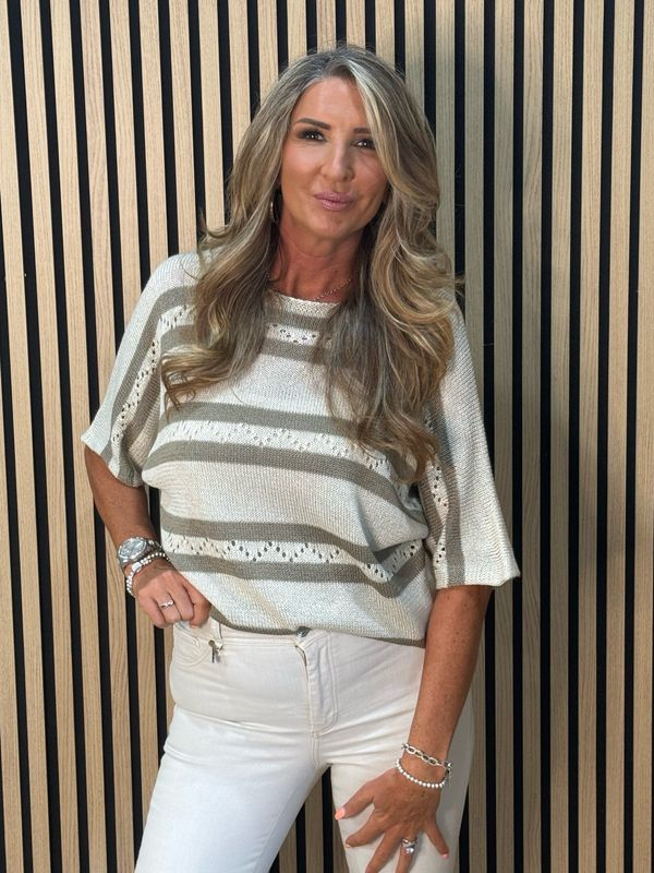 Striped Lightweight Knit Jumper - Taupe/Cream